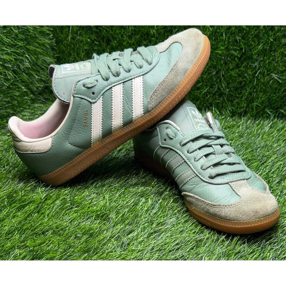 Adidas Samba OG Silver Green Chalk White Gum Leather Sneakers IE7011 Womens 6 - Picture 2 of 10